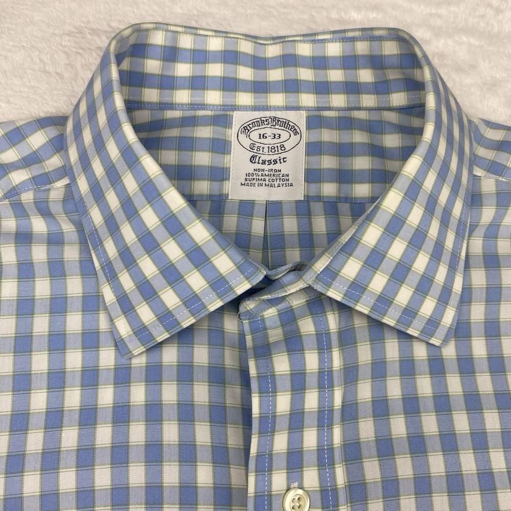Brooks Brothers Dress Shirt Men's 16-33 Blue/White/Green Check Classic No Iron - Picture 3 of 10